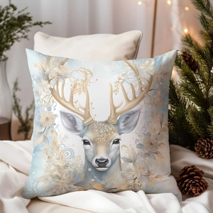 Elegant Christmas reindeer cushion cover with golden floral antlers and pearl details