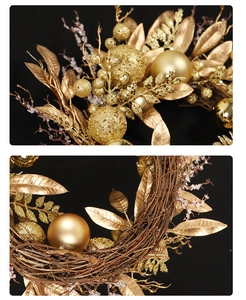 Detail of golden Christmas wreath featuring textured ornaments and metallic leaves on rattan base