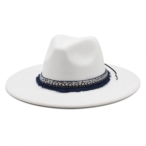 White wide brim fedora hat with ethnic blue fringe trim and sequin detailing for women