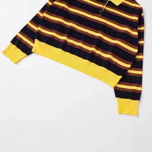 Men's retro striped knit Polo shirt with navy blue and yellow contrast color pattern