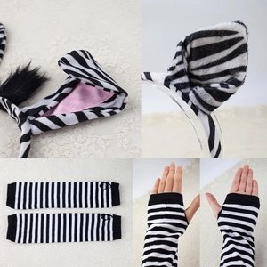 Cute zebra stripe plush costume set with ears headband, tail and fingerless gloves