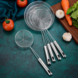 Set of five stainless steel spider strainers in various sizes for kitchen use