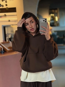 Brown alpaca print oversized hoodie sweatshirt for women in casual mirror selfie style