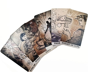 Detailed spread of vintage Sea Soul Journey Oracle cards with Knight and King of Cups art