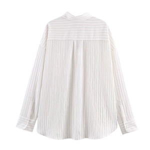 Women's cream white striped long sleeve shirt with a minimalist draped back design