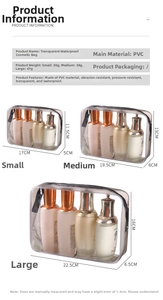 Detailed dimension guide for waterproof PVC toiletry bags in three functional sizes