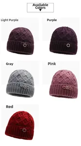 Detail view of winter knitted beanies for elderly women in five elegant colors with bows