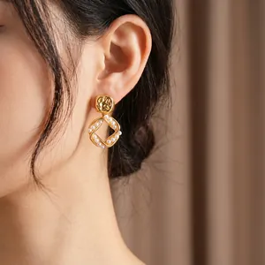 French vintage gold plated geometric square earrings with small white pearls