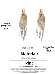 Detail view of long rhinestone tassel earrings with dimensions 10.1cm by 1.1cm