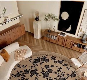 Artistic round rug with vintage rose patterns on light beige base for living room