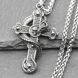 Vintage silver dragon skull cross necklace with detailed dragon winding around a cross