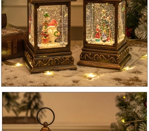 Close-up of bronze Christmas lanterns with LED lighting, floating glitter, and festive scenes