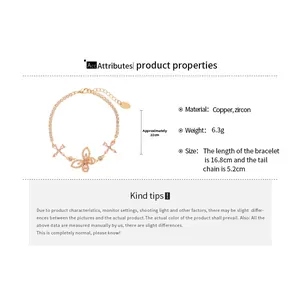 Detail view of zircon butterfly bracelet showing 16.8cm main chain and 5.2cm extension