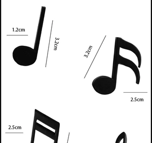 Detailed dimension chart of black musical note magnet showing height and width measurements