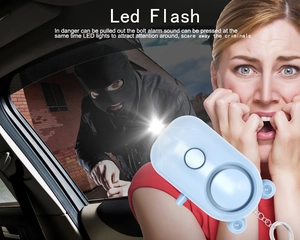 Detail of blue bear-shaped personal alarm with LED flash and safety pull ring keychain