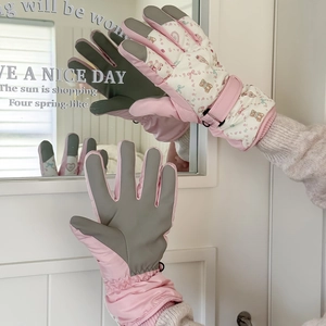 Pink quilted teddy bear ski gloves with waterproof floral fabric and anti-slip palms