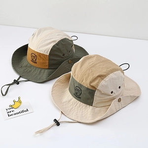 Kids Bucket Hat Quick Dry Wide Brim Sun Protection Color Block Outdoor Breathable Adjustable Wind Rope Boys Girls