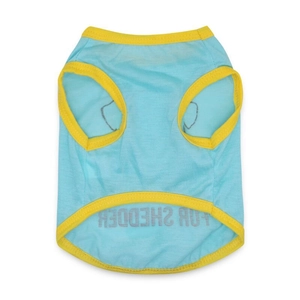 Détail du gilet respirant bleu ciel pour animaux avec bordure jaune pour chiens