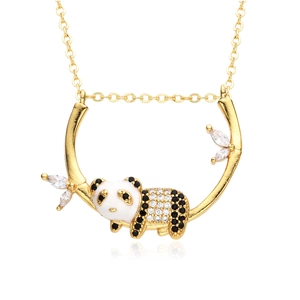 Detail view of gold-plated panda pendant with black and white zircon micro-paving