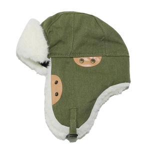 Detailed close-up of olive green trapper hat featuring white faux fur lining and windproof strap