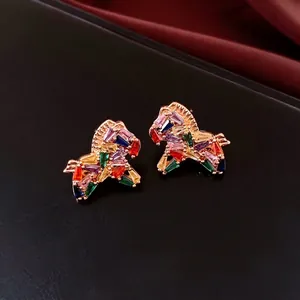 Vintage 18K gold plated horse jewelry set with colorful square crystals on black leather