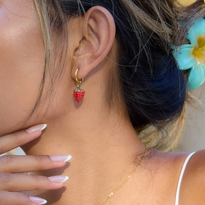 Romantic 18K gold plated stainless steel hoop earrings with red enamel strawberry charms