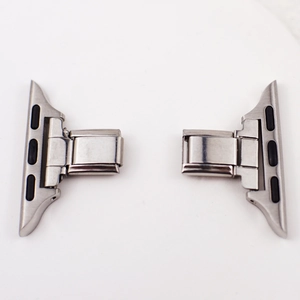 Silver stainless steel adapter for Apple Watch straps with black rubber anti-slip pads