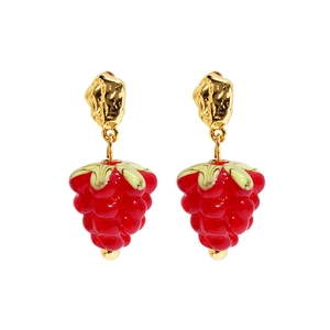 Fresh red raspberry glass earrings with gold textured metal and 925 silver needle