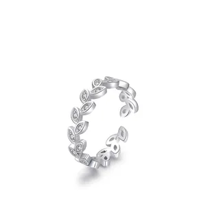 Leaf Adjustable Ring 925 Sterling Silver With Micro Pave Cubic Zirconia Olive Branch Open Finger Jewelry For Women