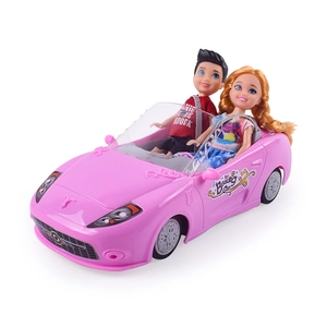 Pink remote control convertible toy car for girls with two dolls on white background