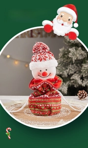 Close-up of a festive snowman drawstring gift bag with red and green knitted textures