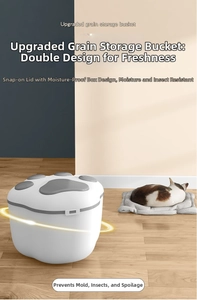 Detail view of large pet food container with gray paw lid and white sealing buckle
