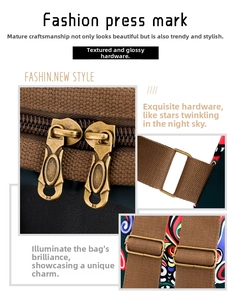 Detail of vintage bronze hardware and ethnic pattern strap on the women backpack