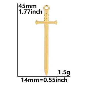 Detailed view of gold sword pendant with 45mm height and 14mm width dimensions