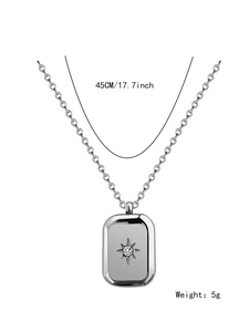 Close-up of square starburst pendant necklace with dimensions 45cm and weight 5g
