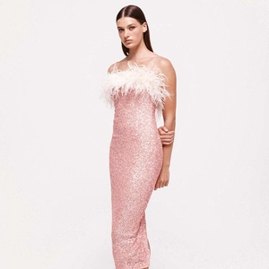 Vestito Camisole Con Paillettes Scollo In Piume Vita Alta Senza Maniche Vestito Da Sera Lungo Elegante Party Sexy