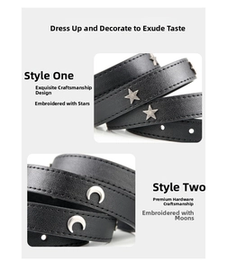 Detail of black leather belt featuring silver star and crescent moon metal studs