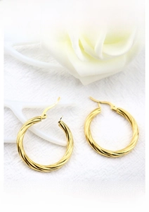 Detailed view of 18K gold plated stainless steel twisted hoop earrings with rope texture