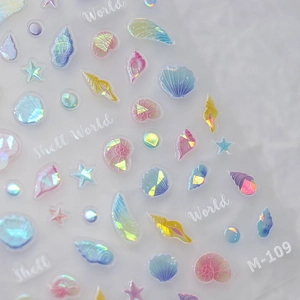 3D embossed shell world nail stickers M109 with aurora laser holographic effect