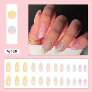 Colorful almond-shaped press-on nails with macaron stripe patterns and 24-piece full set view