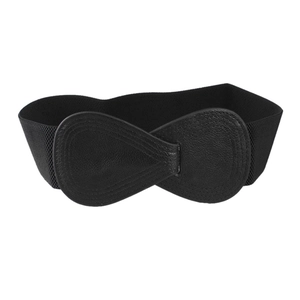 Fashionable black elastic wide waist belt for women with lychee texture leather buckle