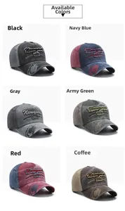 Detailed grid view of washed cotton baseball caps in six vintage distressed colors