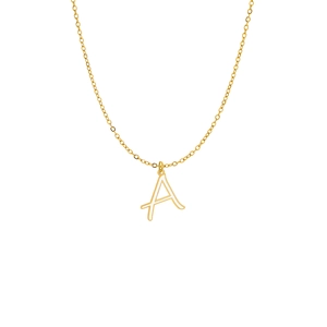 Close-up of a gold-plated letter A pendant necklace with colorful enamel detailing