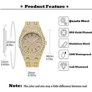 Detailed size chart for full diamond quartz watch showing 44mm dial and 30M waterproof specs