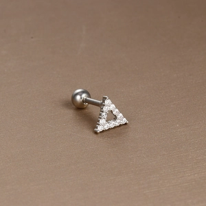 Detailed view of silver triangle helix stud earring with cubic zirconia pavé and ball screw back