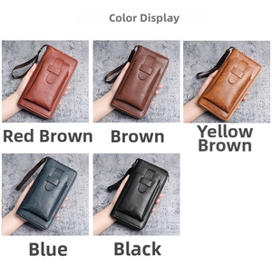 Litchi pattern faux leather long wallet for men in black, blue, brown, and red tones