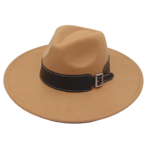 Wide Brim Fedora Hat Vintage Wool Felt Jazz Cap With Black Leather Belt Silver Buckle Retro Style Unisex Headwear