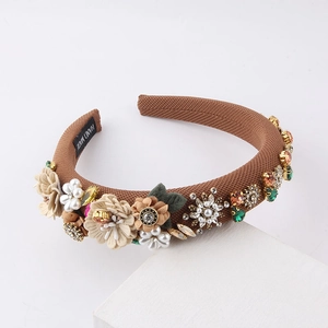 Brown fabric headband with handmade 3D cloth flowers, pearls and colorful rhinestones