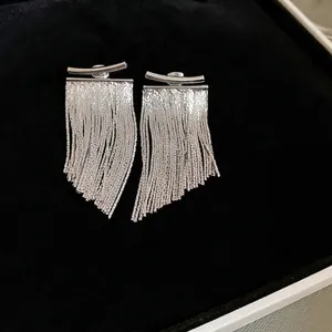 Silver long chain tassel earrings with minimalist curved bar design for women