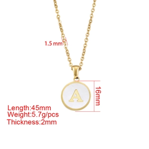 Detail view of 18k gold plated shell necklace with pendant dimensions and weight info